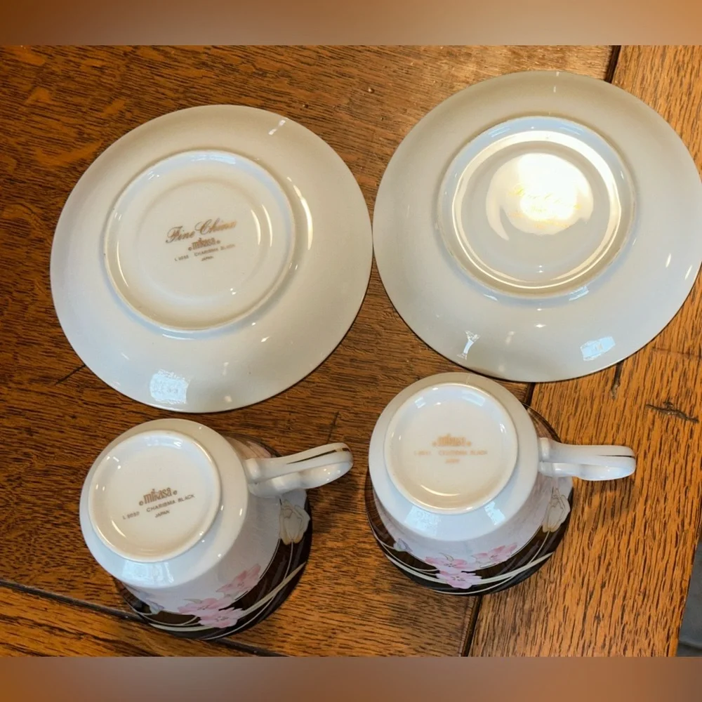 New Vintage Mikasa Charisma Black Pink Floral Porcelain Dinnerware 2 Cup Sauce